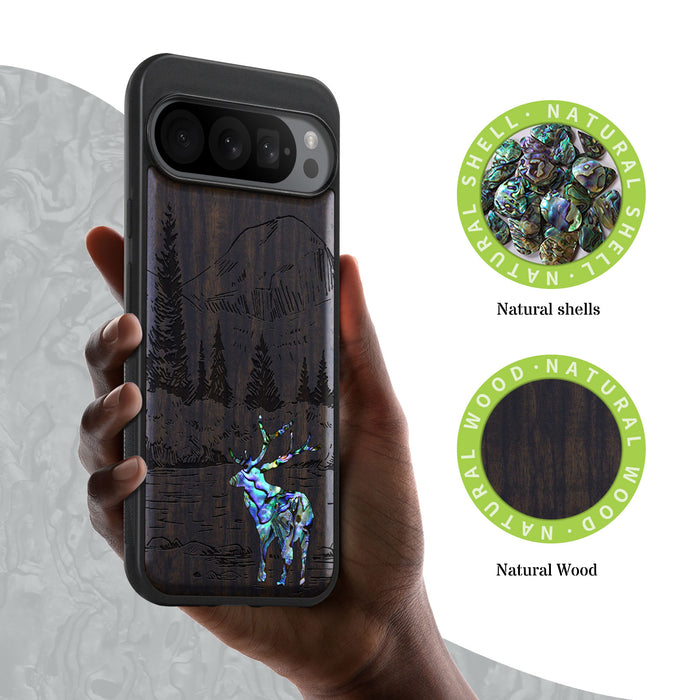 An Enthralling Natural Landscape Illustration, Hand-Inlaid Wood & Mother of Pearl Case - Artisanal Cover for Google Pixel