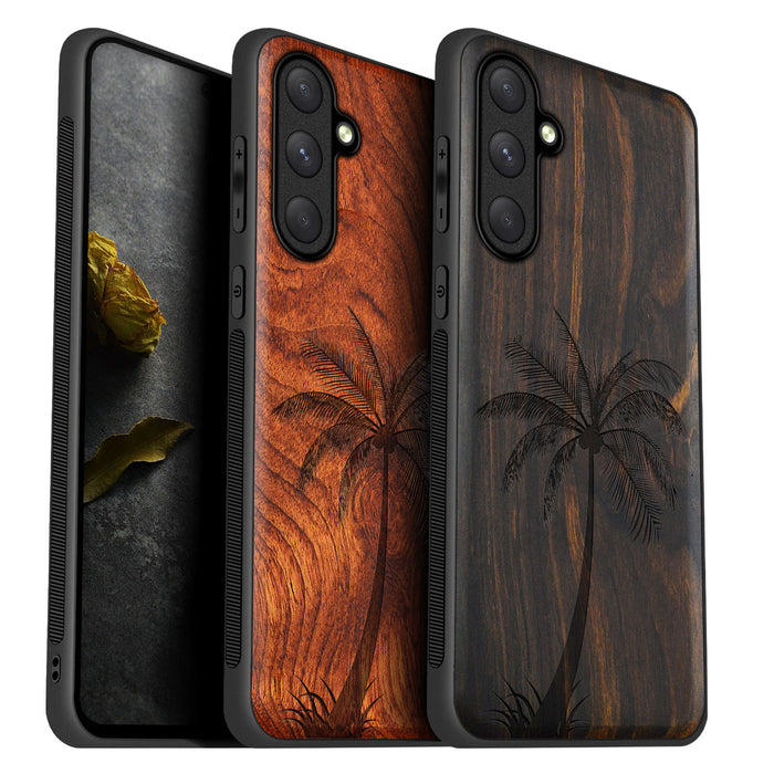 The Palm Tree Silhouette, Classic Engraved Wood & TPU Case - Artisanal Cover for Samsung Galaxy