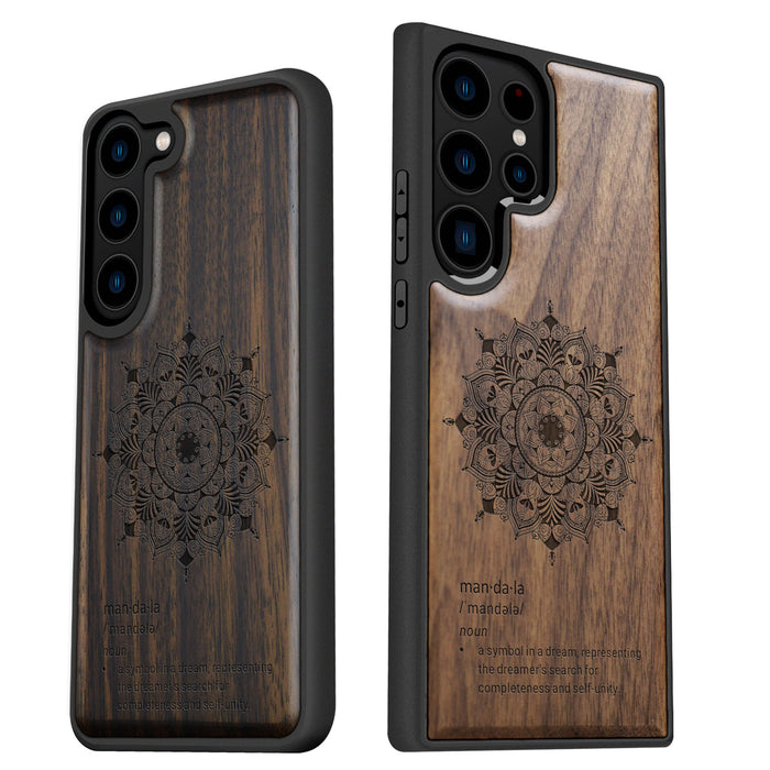 Mandala Flower Design, Classic Engraved Wood & TPU Case - Artisanal Cover for Samsung Galaxy