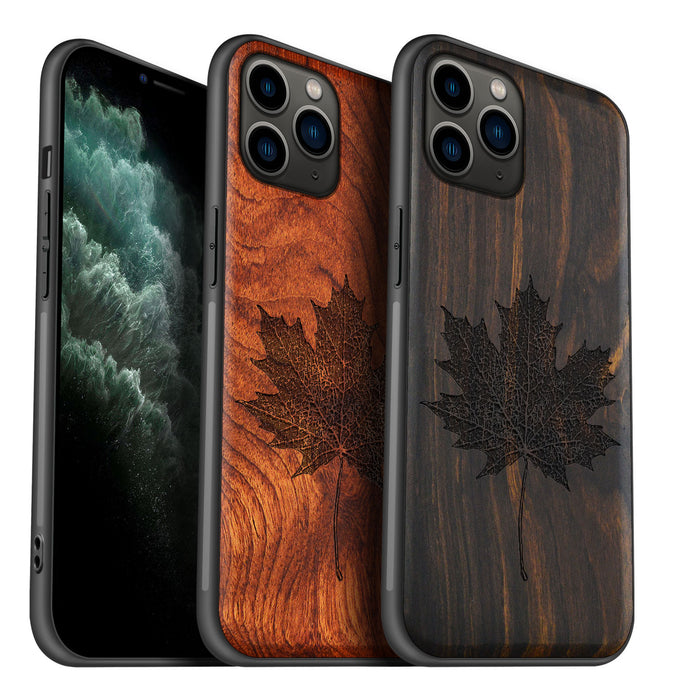 Intricate Maple Leaf Sketch, Classic Engraved Wood & TPU Case - Artisanal Cover for Apple iPhone