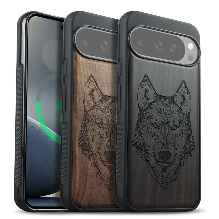 Realistic Wolf Linework Art, Classic Engraved Wood & TPU Case - Artisanal Cover for Google Pixel