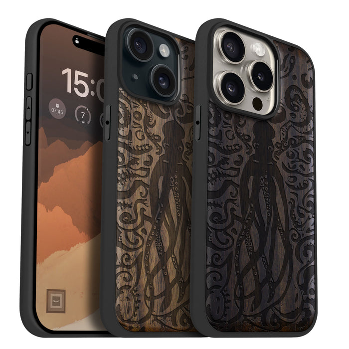 The Octopus's Nocturne, Classic Engraved Wood & TPU Case - Artisanal Cover for Apple iPhone