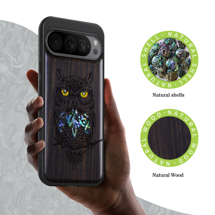 An Owl Perched on a Branch, Hand-Inlaid Wood & Mother of Pearl Case - Artisanal Cover for Google Pixel