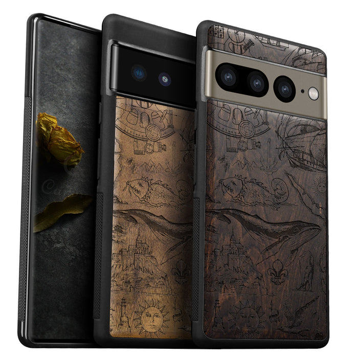 A Voyage of Vintage Visions, Classic Engraved Wood & TPU Case - Artisanal Cover for Google Pixel