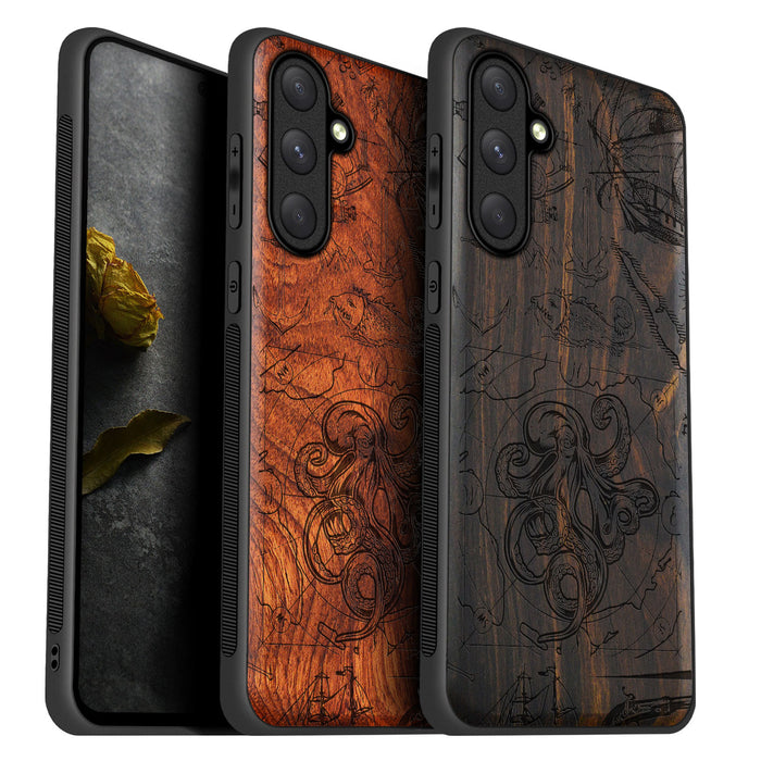 The Octopus and Maritime Treasures, Classic Engraved Wood & TPU Case - Artisanal Cover for Samsung Galaxy