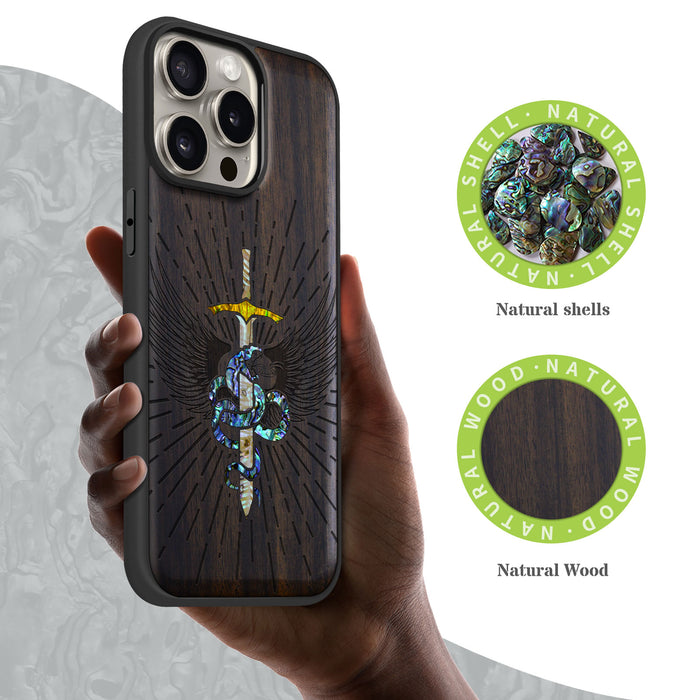 Serpent Winged Sword, Hand-Inlaid Wood & Mother of Pearl Case - Artisanal Cover for Apple iPhone