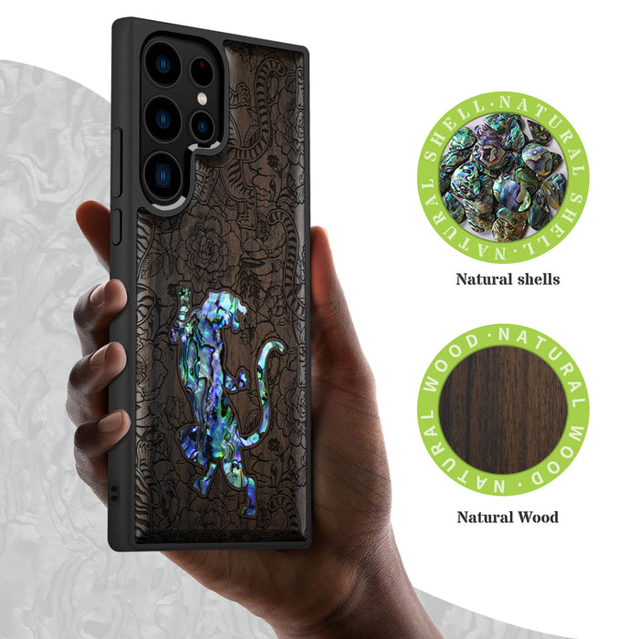 A Tiger Amidst Flowers, Hand-Inlaid Wood & Mother of Pearl Case - Artisanal Cover for Samsung Galaxy