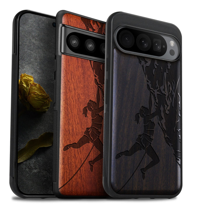 Woman Ascending the Cliff, Classic Engraved Wood & TPU Case - Artisanal Cover for Google Pixel