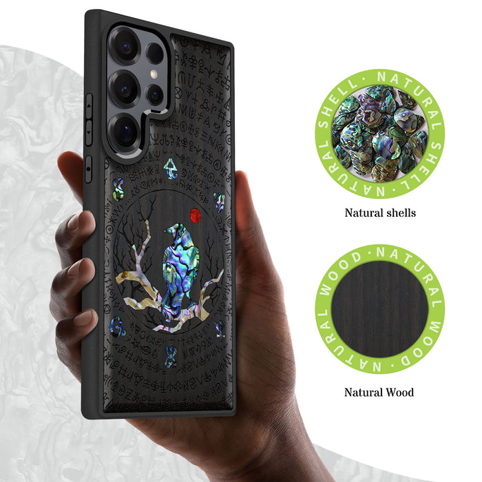 Whispers of the Enigma, Hand-Inlaid Wood & Mother of Pearl Case - Artisanal Cover for Samsung Galaxy
