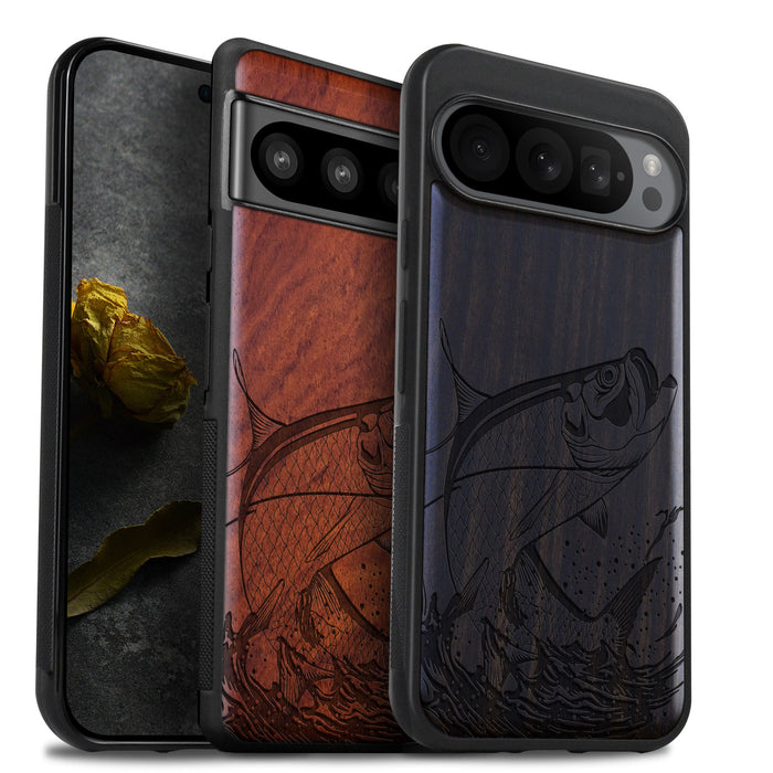 The Tarpon's Majestic Leap, Classic Engraved Wood & TPU Case - Artisanal Cover for Google Pixel