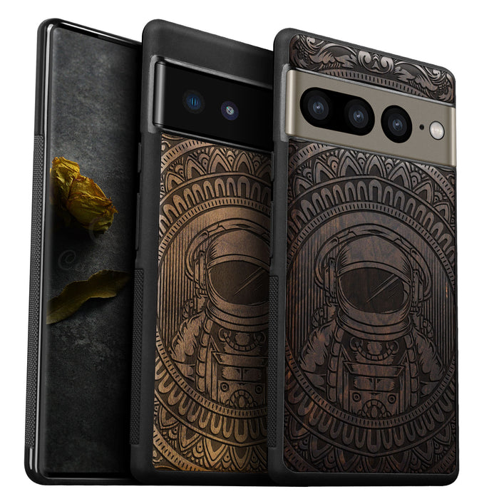 Astronaut in Mandalic Embrace, Classic Engraved Wood & TPU Case - Artisanal Cover for Google Pixel