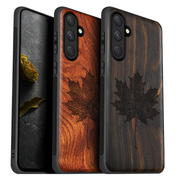 Intricate Maple Leaf Sketch, Classic Engraved Wood & TPU Case - Artisanal Cover for Samsung Galaxy