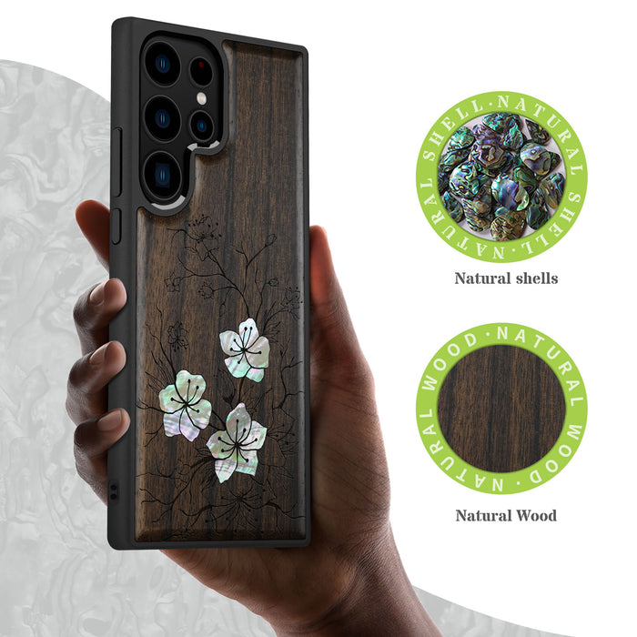 Whispering Sakura Blooms, Hand-Inlaid Wood & Mother of Pearl Case - Artisanal Cover for Samsung Galaxy