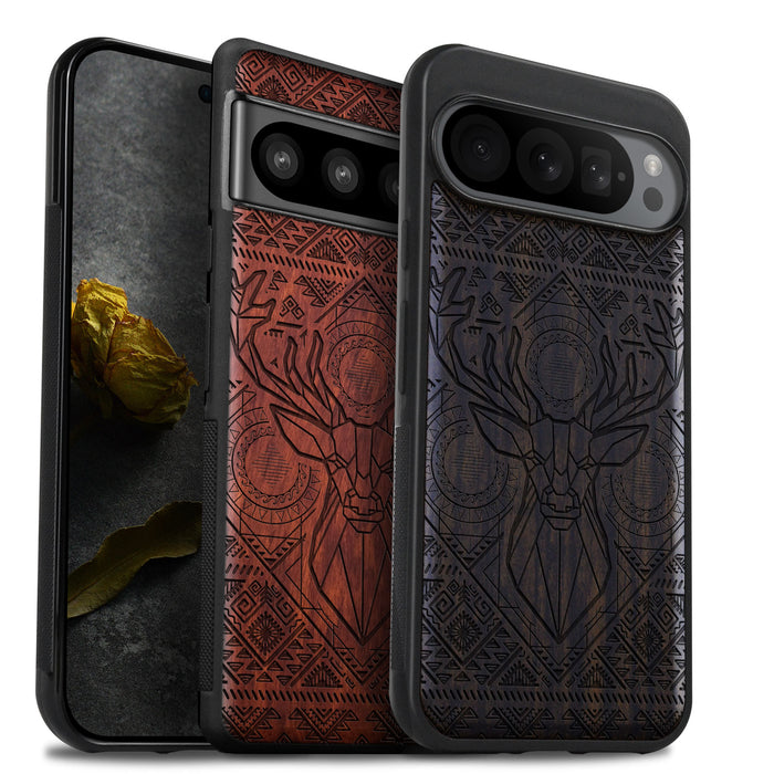 Geometric Deer Amidst Intricate Patterns, Classic Engraved Wood & TPU Case - Artisanal Cover for Google Pixel