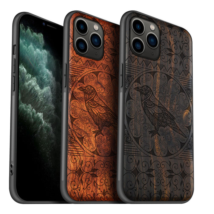 The Zentangle Crow, Classic Engraved Wood & TPU Case - Artisanal Cover for Apple iPhone