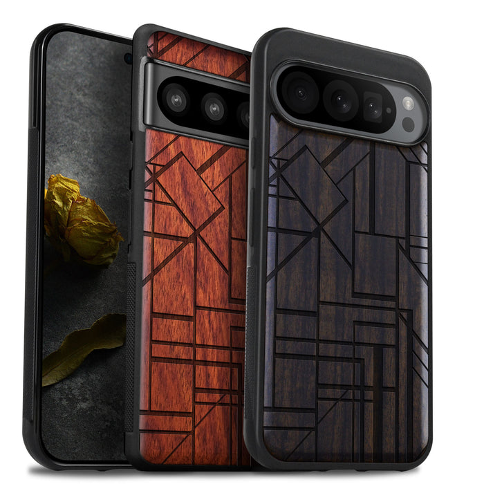 Geometric Simplicity Revisited, Classic Engraved Wood & TPU Case - Artisanal Cover for Google Pixel