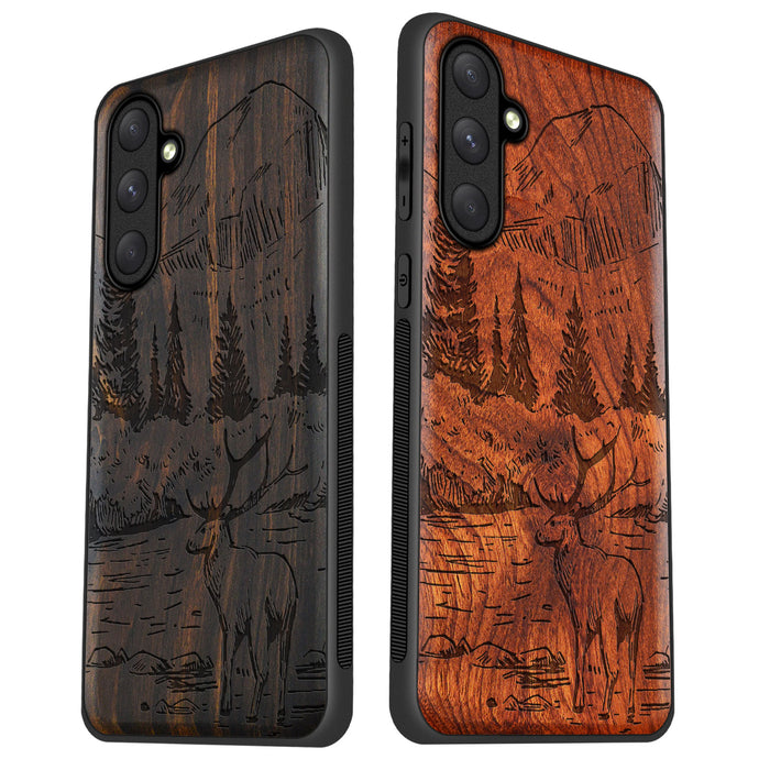 An Enthralling Natural Landscape Illustration, Classic Engraved Wood & TPU Case - Artisanal Cover for Samsung Galaxy