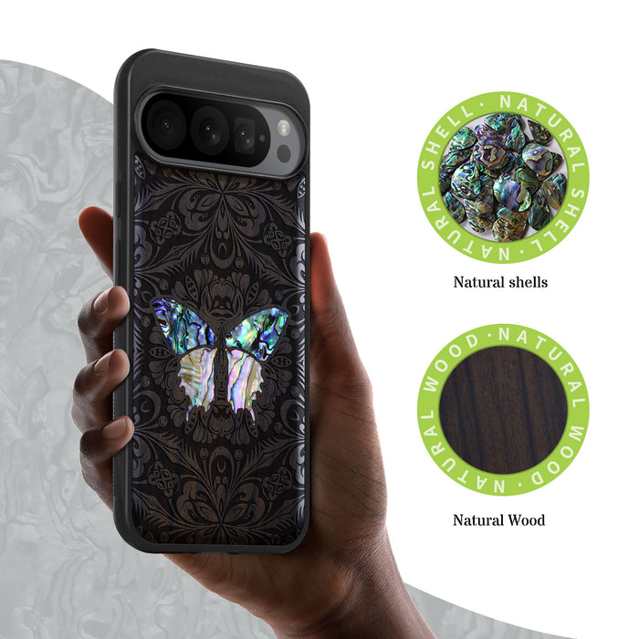 Baroque Butterfly, Hand-Inlaid Wood & Mother of Pearl Case - Artisanal Cover for Google Pixel