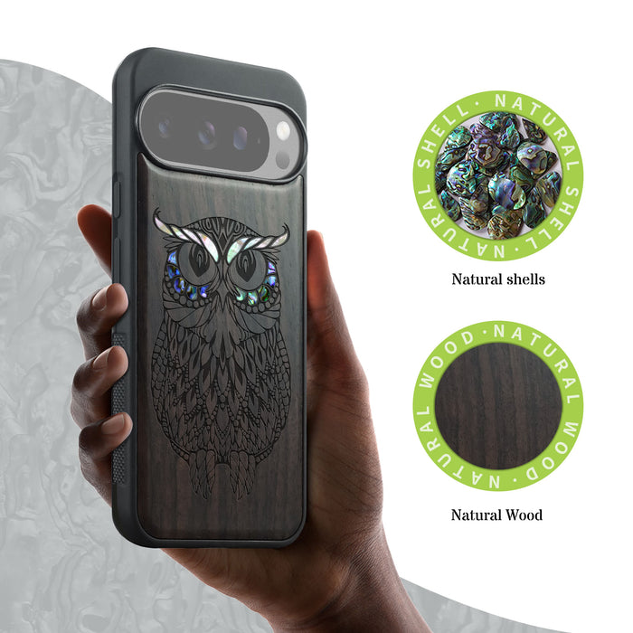 The Owl Mandala, Hand-Inlaid Wood & Mother of Pearl Case - Artisanal Cover for Google Pixel