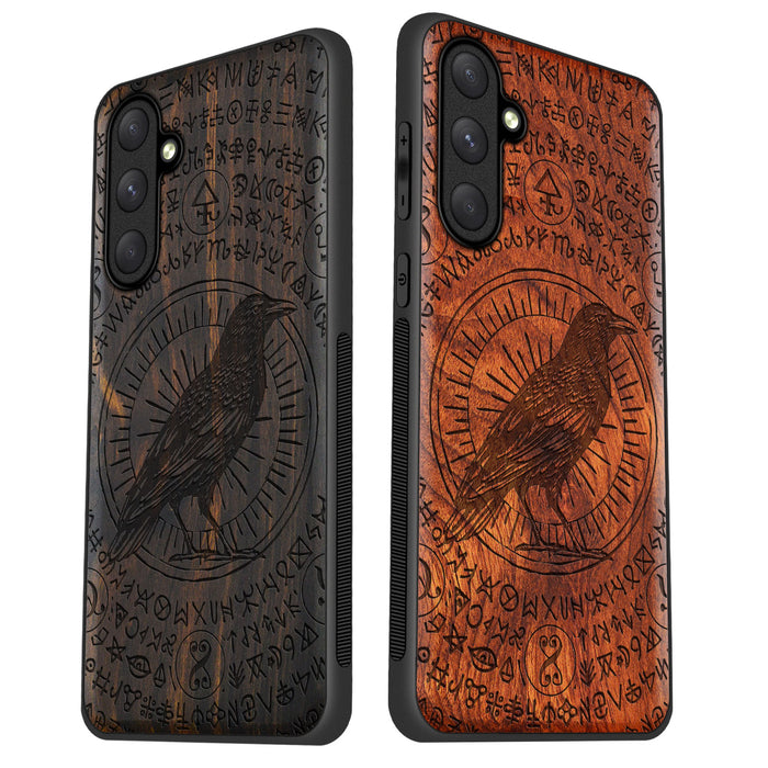 The Haloed Crow, Classic Engraved Wood & TPU Case - Artisanal Cover for Samsung Galaxy