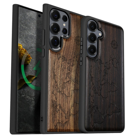 Abstract Expressionist World Map Linework Classic Engraved Wood & TPU Case Samsung Galaxy Artisanal Case View