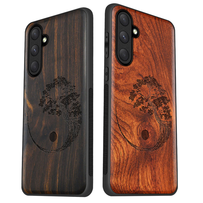 Yin Yang Bonsai Tree in Japanese Style, Classic Engraved Wood & TPU Case - Artisanal Cover for Samsung Galaxy