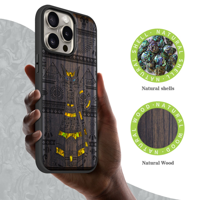 Eternal Watcher, Hand-Inlaid Wood & Mother of Pearl Case - Artisanal Cover for Apple iPhone