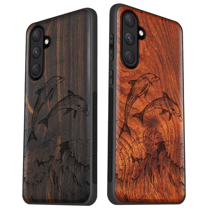 Dual Dolphins in the Waves, Classic Engraved Wood & TPU Case - Artisanal Cover for Samsung Galaxy