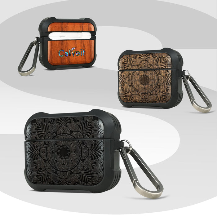 Mandala Flower Design - Wood Artisan Engraved & Shell Hand-Inlaid Cover - Artisanal Case for Apple AirPods (Titanium Quick Released Clasp)