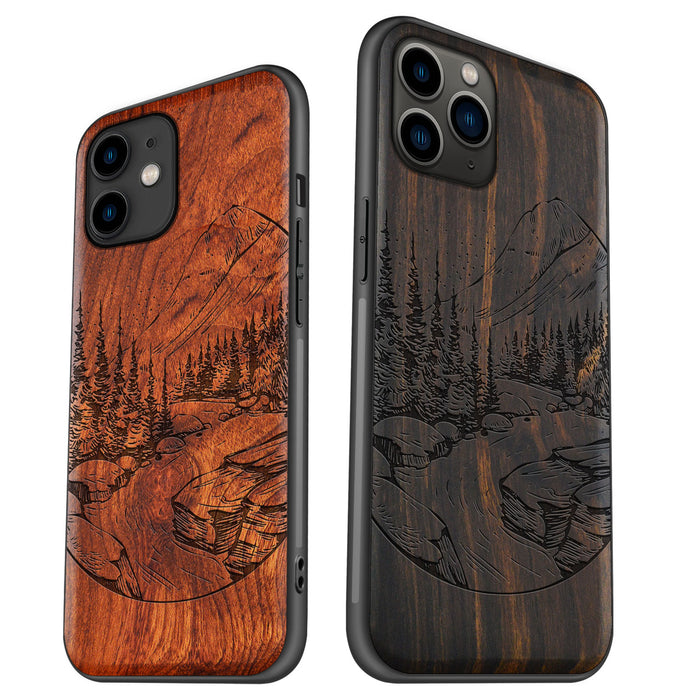 The Lake and Mountain Landscape, Classic Engraved Wood & TPU Case - Artisanal Cover for Apple iPhone