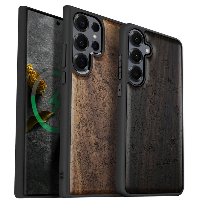 Physical World Map with Antique Travel Ship Classic Engraved Wood & TPU Case Samsung Galaxy Artisanal Case View