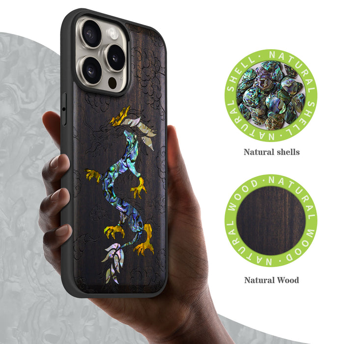 The Dragon's Ascen, Hand-Inlaid Wood & Mother of Pearl Case - Artisanal Cover for Apple iPhone