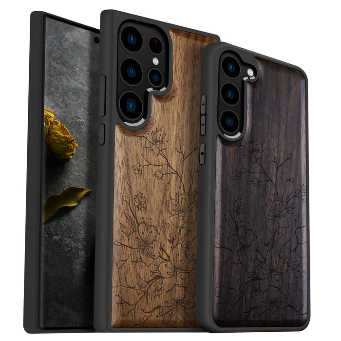 Sakura Sketch, Classic Engraved Wood & TPU Case - Artisanal Cover for Samsung Galaxy