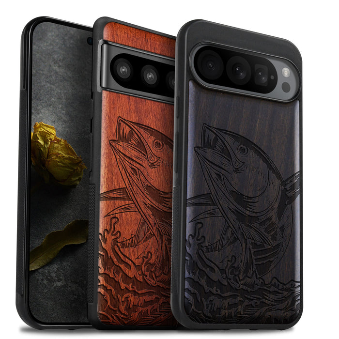 The Tuna's Spectacular Soar, Classic Engraved Wood & TPU Case - Artisanal Cover for Google Pixel