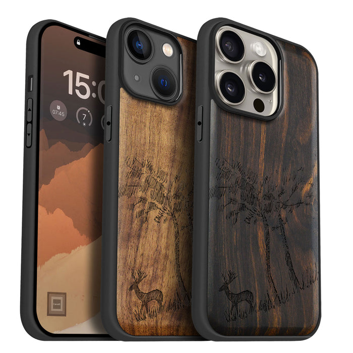 Lone Deer Amidst the Trees, Classic Engraved Wood & TPU Case - Artisanal Cover for Apple iPhone