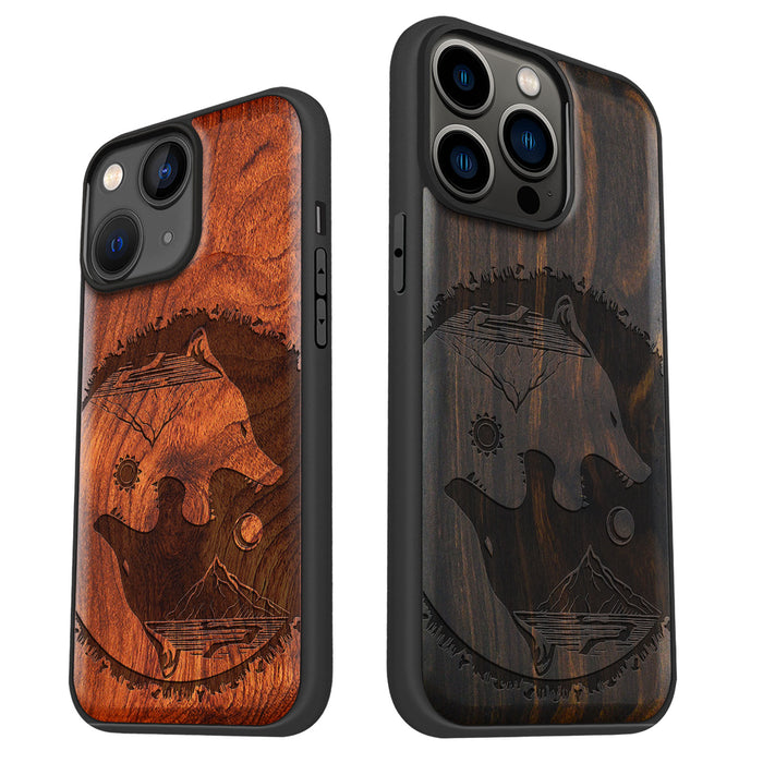 Yin-Yang Wolf, Classic Engraved Wood & TPU Case - Artisanal Cover for Apple iPhone