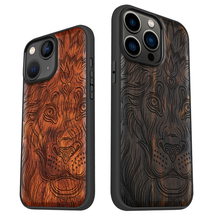 The Filigree Lion in Zentangle Style, Classic Engraved Wood & TPU Case - Artisanal Cover for Apple iPhone