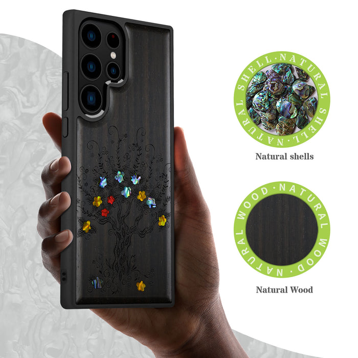 Enchanted Blossom Tree, Hand-Inlaid Wood & Mother of Pearl Case - Artisanal Cover for Samsung Galaxy