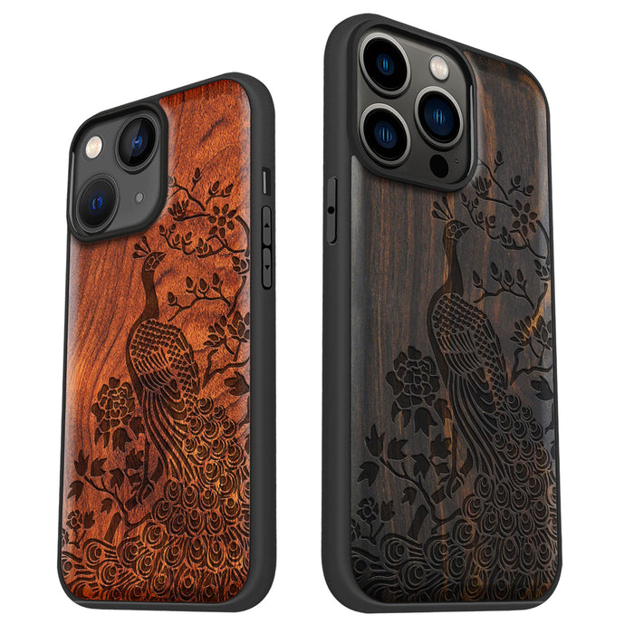 The Majestic Asian Peacock, Classic Engraved Wood & TPU Case - Artisanal Cover for Apple iPhone