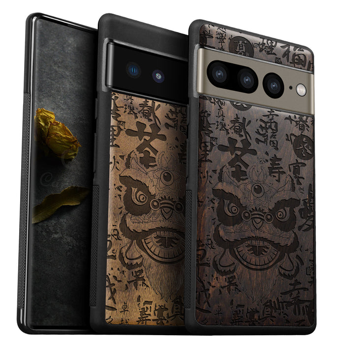 Chinese Lion Dance Head Auspicious, Classic Engraved Wood & TPU Case - Artisanal Cover for Google Pixel