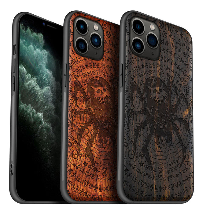 Enigmatic Black Spider Amidst Runes, Classic Engraved Wood & TPU Case - Artisanal Cover for Apple iPhone