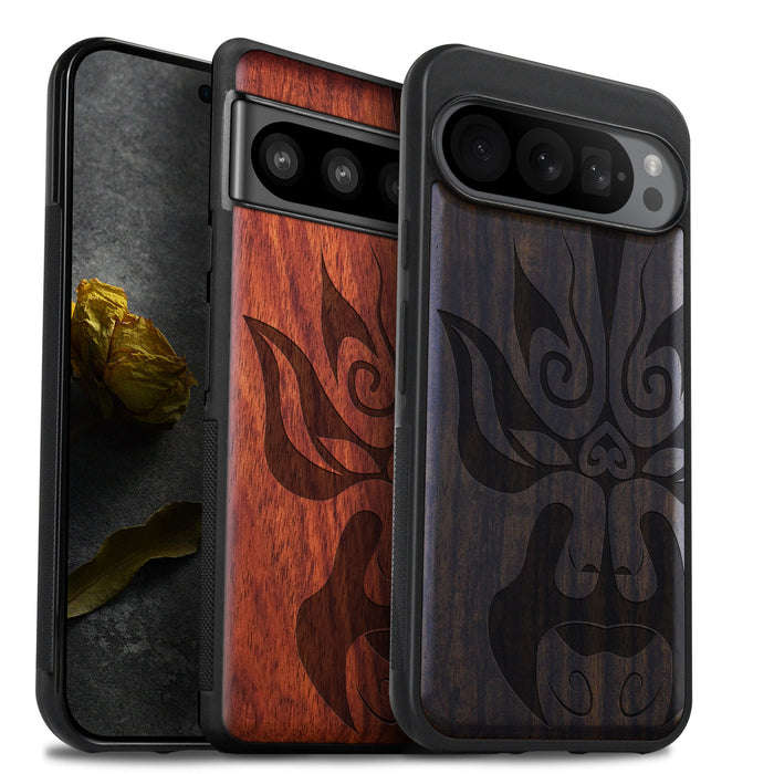 The Chinese Opera Mask, Classic Engraved Wood & TPU Case - Artisanal Cover for Google Pixel