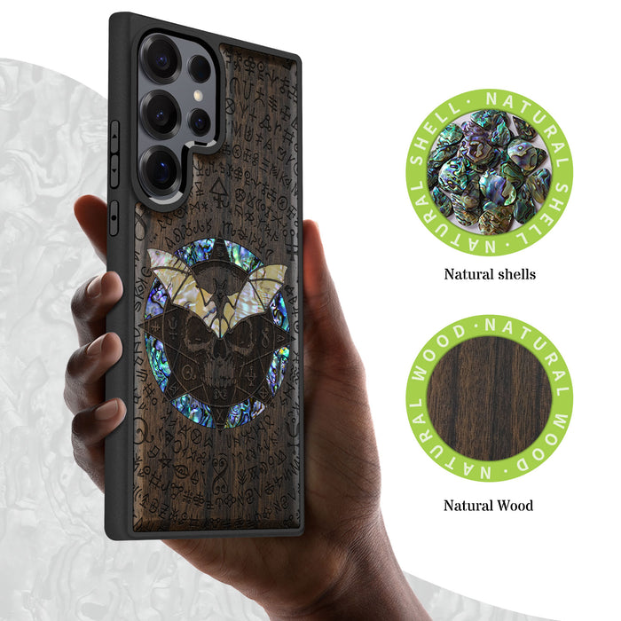 Bat and Skull within the Octagonal Star, Hand-Inlaid Wood & Mother of Pearl Case - Artisanal Cover for Samsung Galaxy