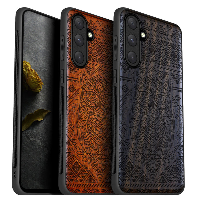 The Owl Mandala, Classic Engraved Wood & TPU Case - Artisanal Cover for Samsung Galaxy