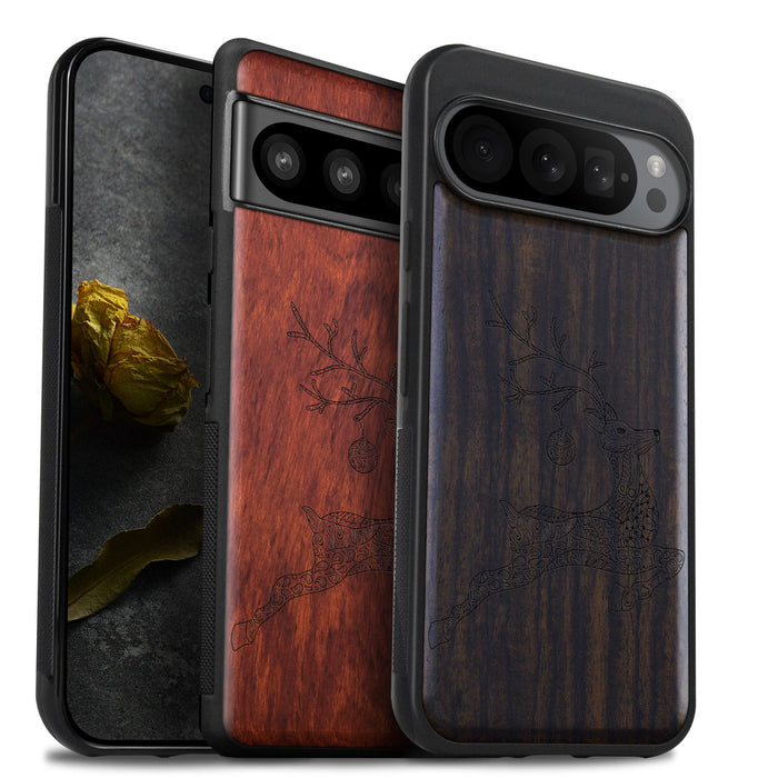 The Leaping Deer, Classic Engraved Wood & TPU Case - Artisanal Cover for Google Pixel