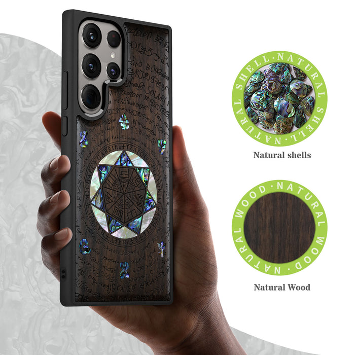 The Sacred Seals, Hand-Inlaid Wood & Mother of Pearl Case - Artisanal Cover for Samsung Galaxy