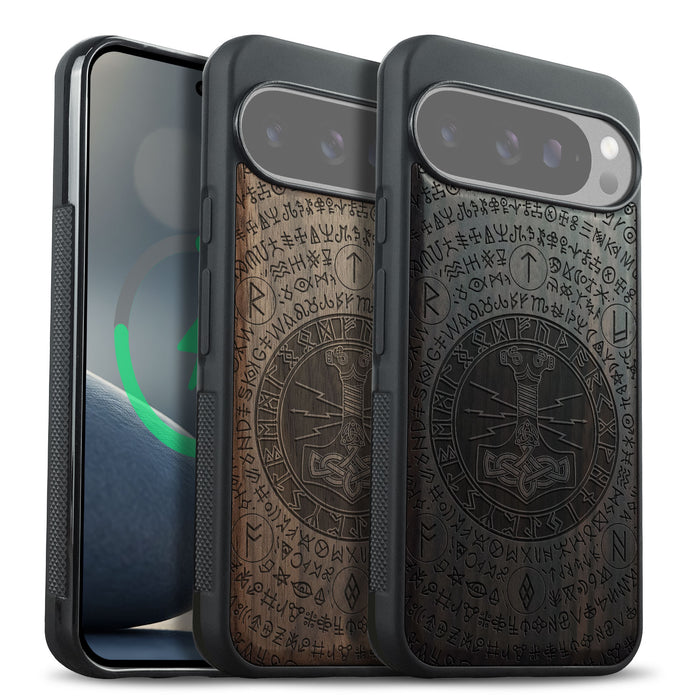 Mjölnir and the Runes, Classic Engraved Wood & TPU Case - Artisanal Cover for Google Pixel