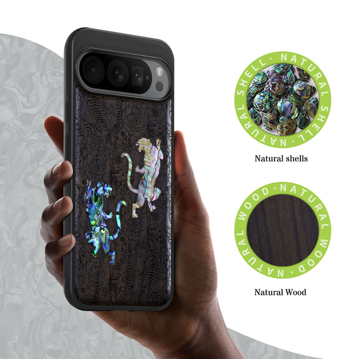 Tiger Amidst Flowers, Hand-Inlaid Wood & Mother of Pearl Case - Artisanal Cover for Google Pixel