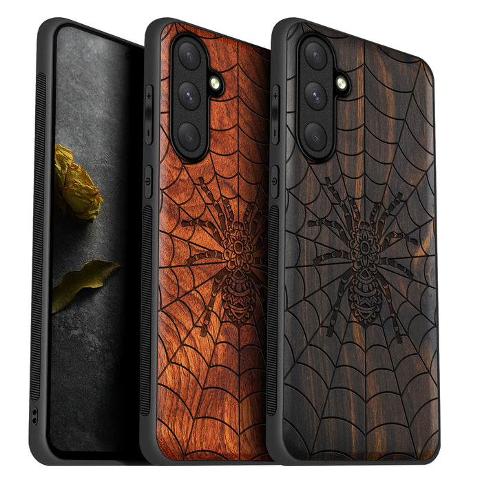 Elegant Webbed Wonder, Classic Engraved Wood & TPU Case - Artisanal Cover for Samsung Galaxy