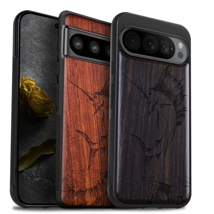 The Soaring Marlin, Classic Engraved Wood & TPU Case - Artisanal Cover for Google Pixel